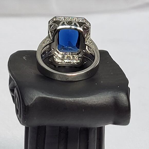 Blue Princess Cut Cabochon w Diamond chip accent 925 Sterling Silver Ring Sz 8.5 - Picture 4 of 8